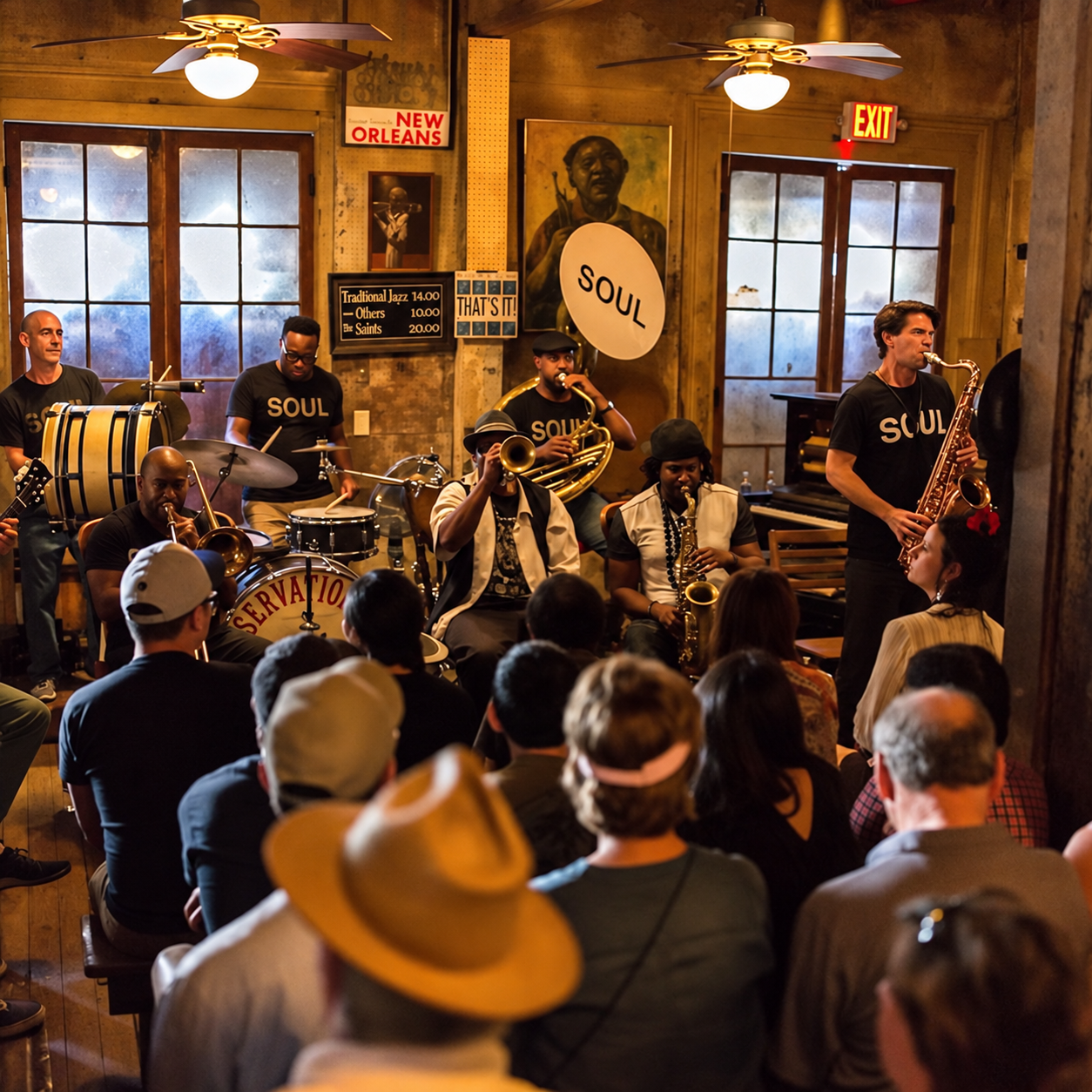 Brass band performing for an audience at Preservation Hall in New Orleans